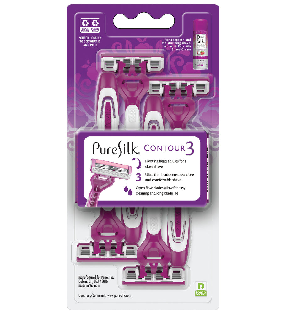 Pure Silk Contour 3 Premium Disposable Razor Value Pack Bundle (3 Packs/12 Total Razors)